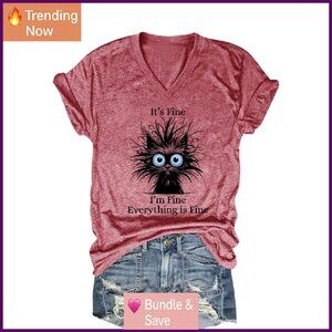 Funny Cat Graphic V-Neck T-Shirt, Soft Cotton Blend, Casual Tee